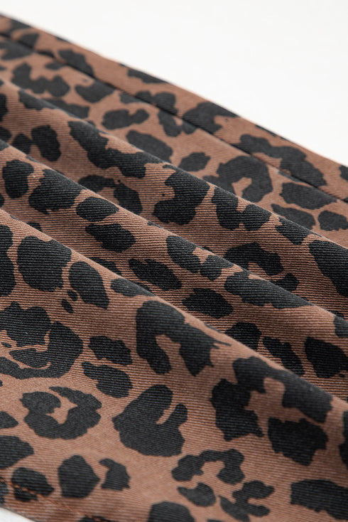 Leopard Print High Slit Frayed Hem Denim Midi Skirt